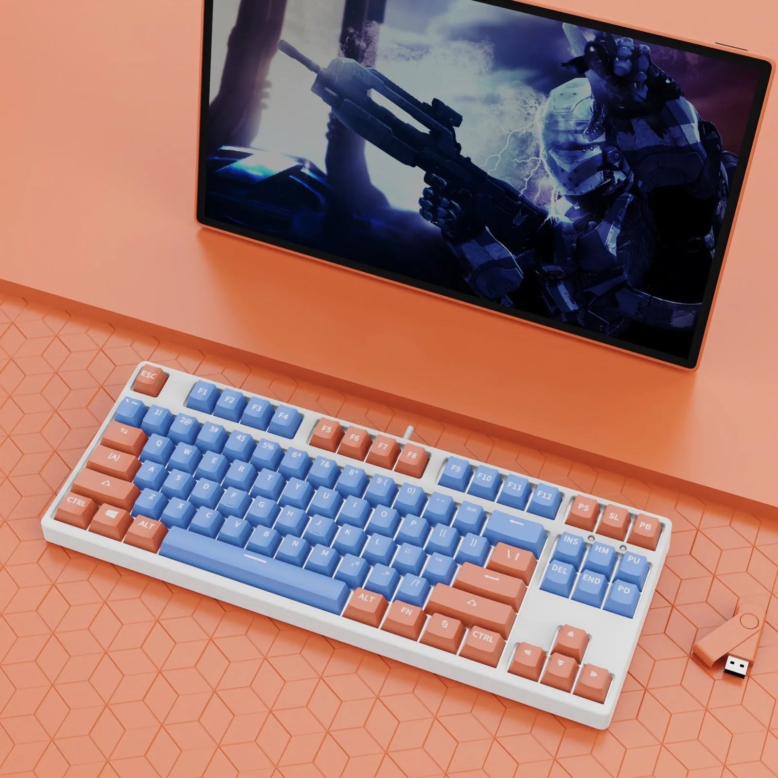 87-key wired mechanical keyboard with two-tone keycaps and metal frame, showing compact design and included tools