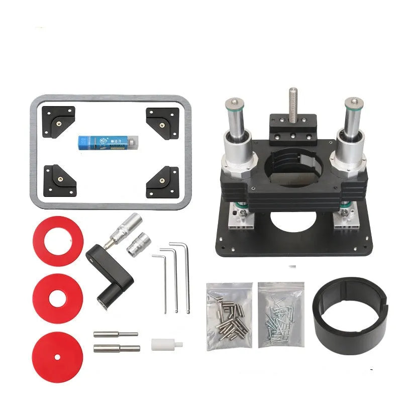 Upside-down semi-automatic engraving machine for bakelite edge milling, 38x29.5x35cm, with wrenches, cover levers, and point poles