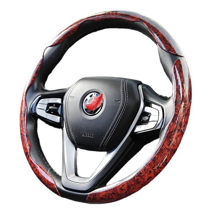 Peach wood grain steering wheel sleeve showing 38cm length and 4cm width artificial leather construction in crystal colour options
