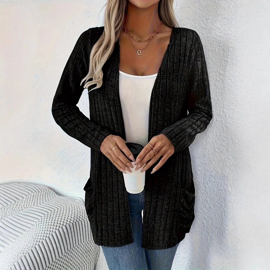 Solid colour long sleeve cardigan knitwear with two pockets, shown in granny grey.