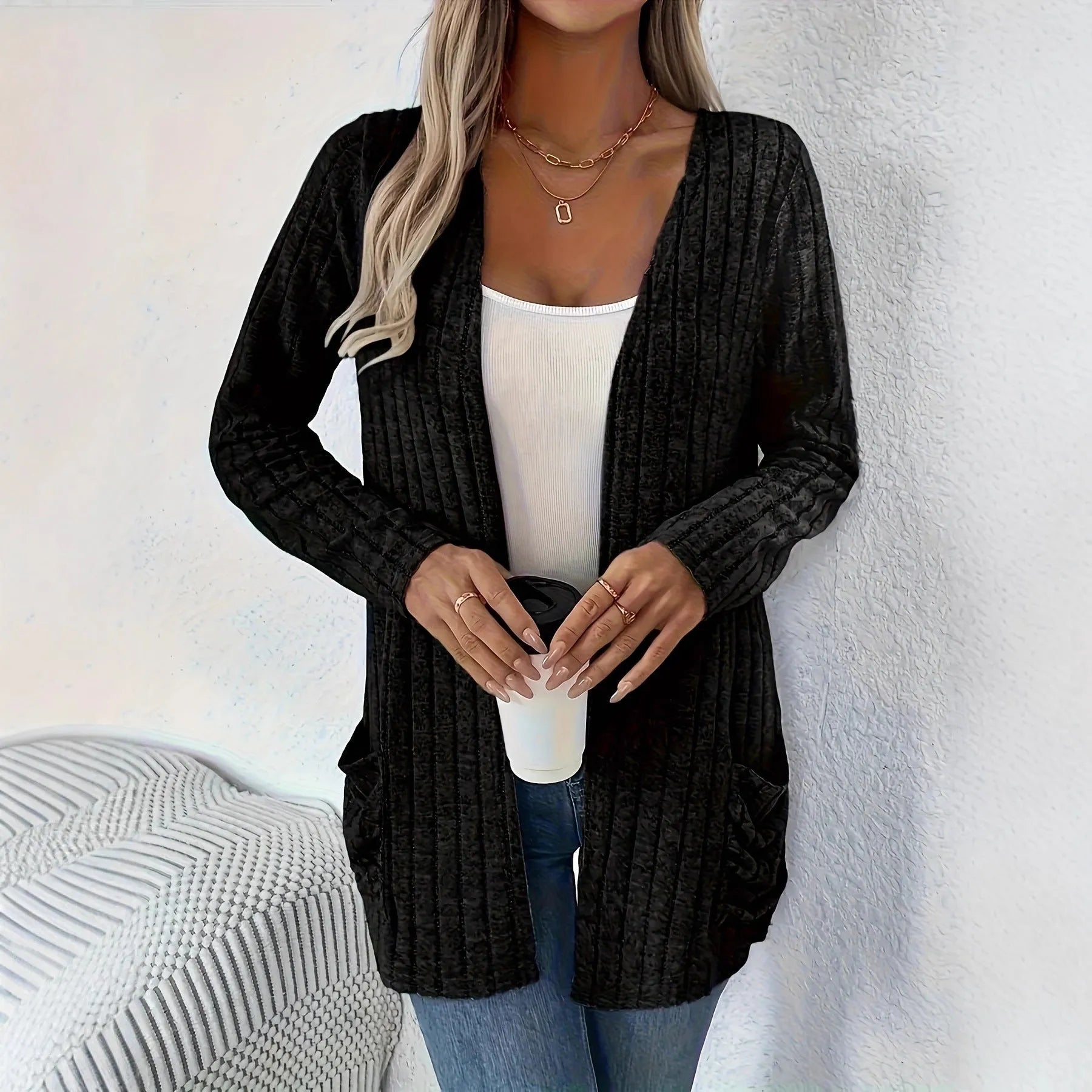 Solid colour long sleeve cardigan knitwear with two pockets, shown in granny grey.