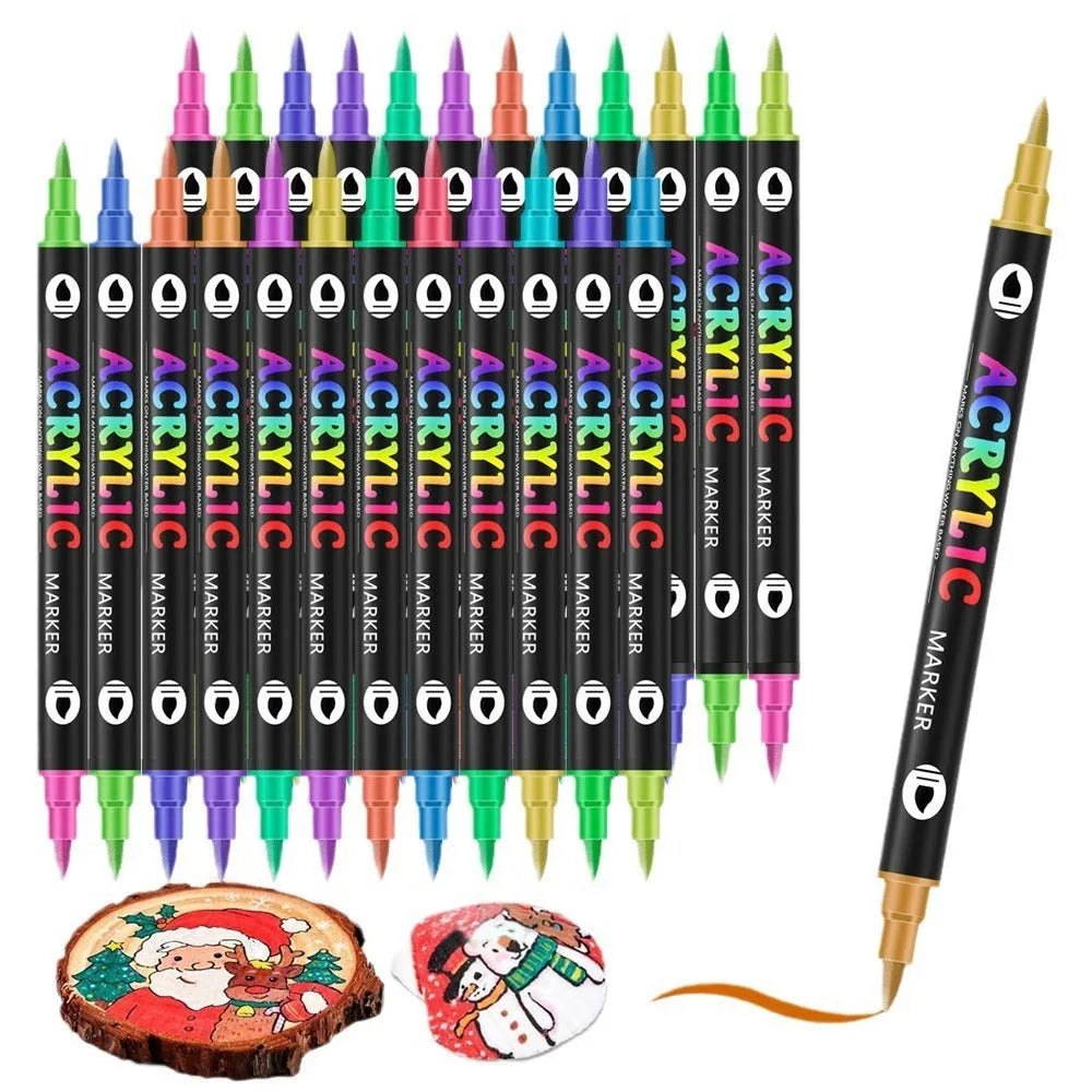 Set of double-headed acrylic marker pens with washable, opaque quick-drying ink in various colours.