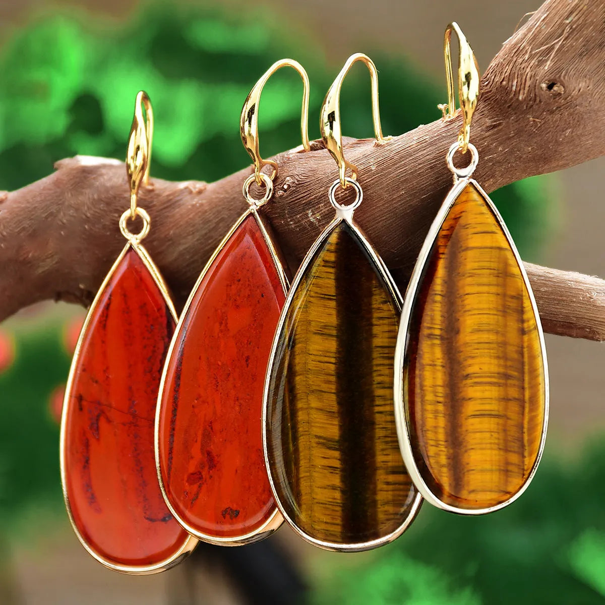 Vintage Tigereye long water drops earrings showing 5-7cm stone drop shape with manual texture processing