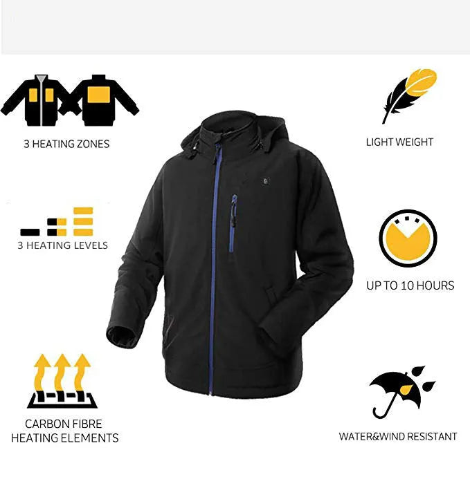 Black men's USB-heated waterproof windproof thermal coat with long sleeves and straight hem, showing zipper and pocket details.