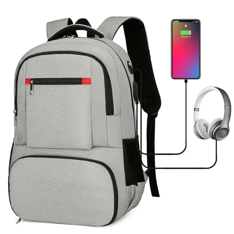 Light grey Oxford cloth backpack with curved shoulder straps showing sewing line details and dry-wet separation compartments