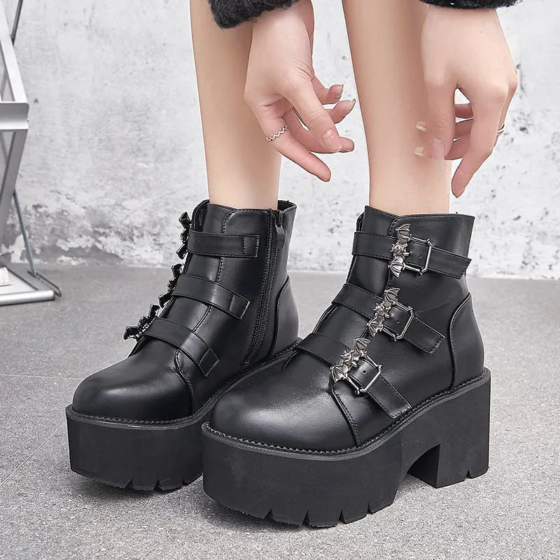 Black Harajuku punk Gothic style short boots with bat buckle detail and side zipper