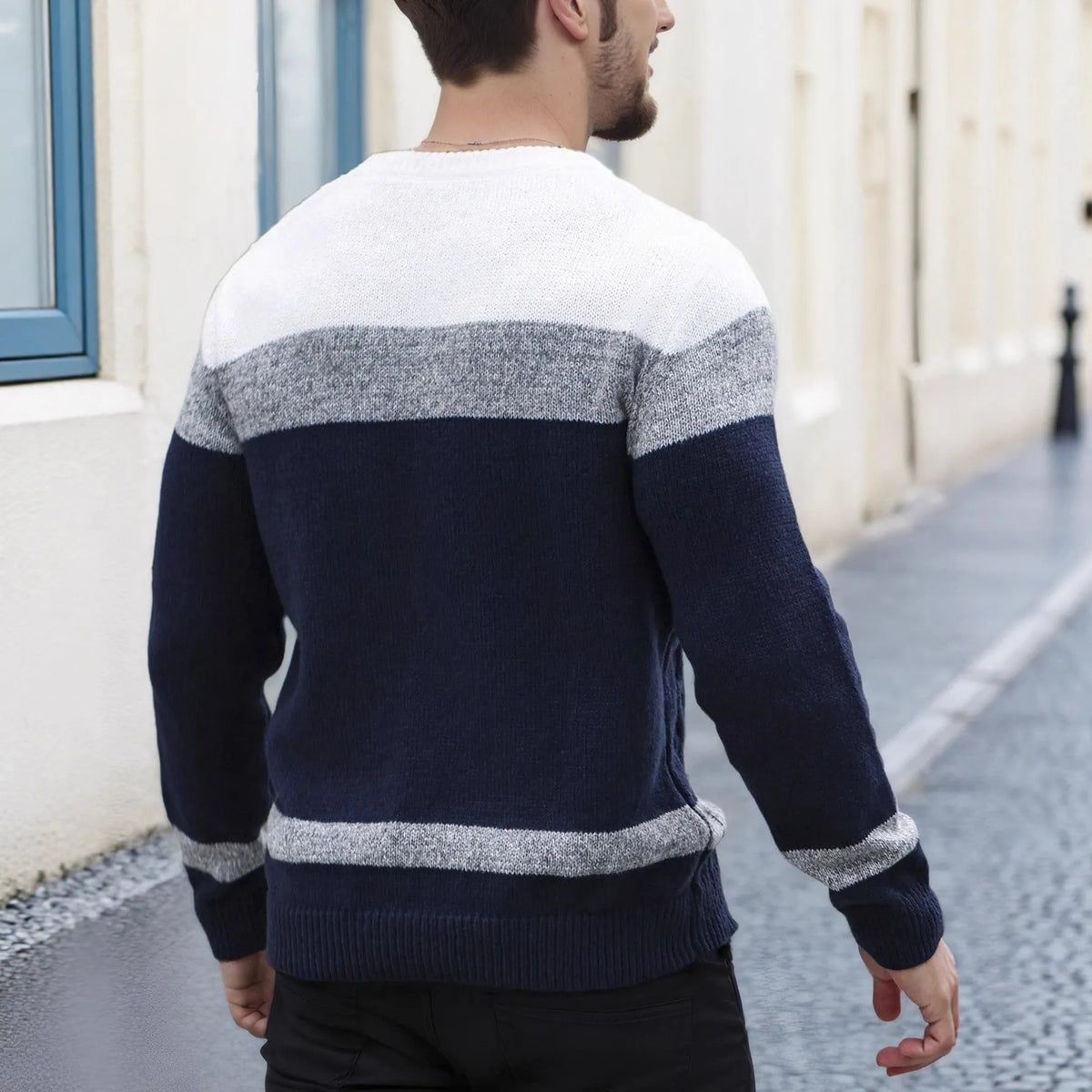 Men's colour-block crew neck pullover sweater in blue red, grey white, or blue white multicolour, loose fit, sizes S-XXL
