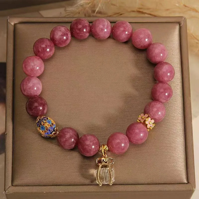 Women's natural stone bracelet with lotus tassel pearl pendant and pink white crystals