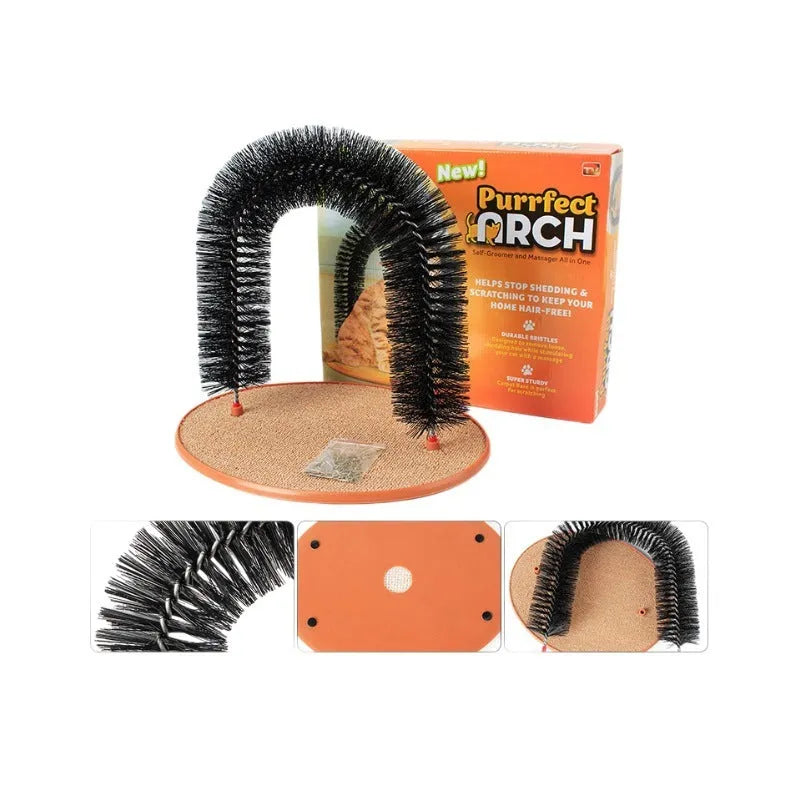 45cm arched cat grooming station with built-in brush bristles for scratching and self-grooming