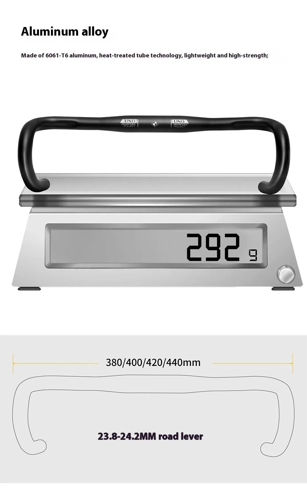 Black aluminium road bike drop handlebar with small bent shape and UNO printing marks