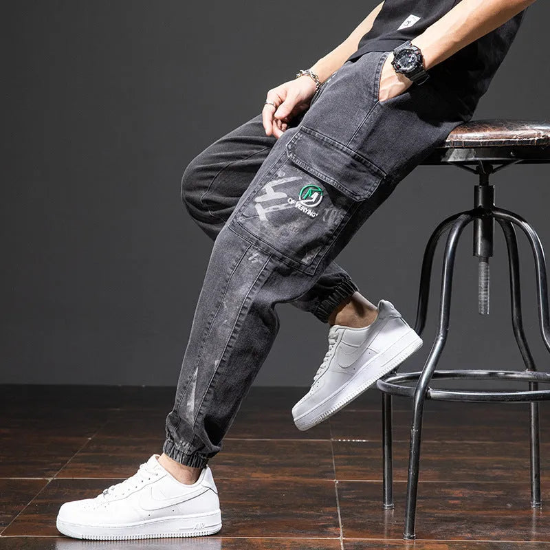 Men's loose cargo casual jeans in 2083 blue with straight-leg cut and micro-elastic cotton fabric