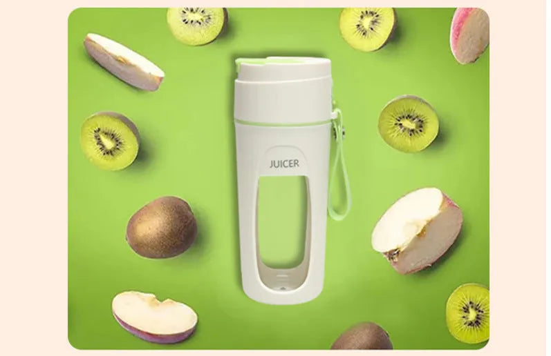 Portable USB charging electric blender cup in grass green, light purple, and fresh orange colours.