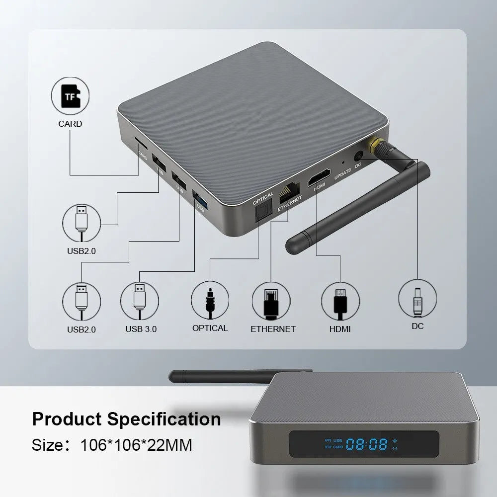 Bluetooth 8K high-definition network set-top box with RK3566 processor, 8GB memory, and HDMI interface