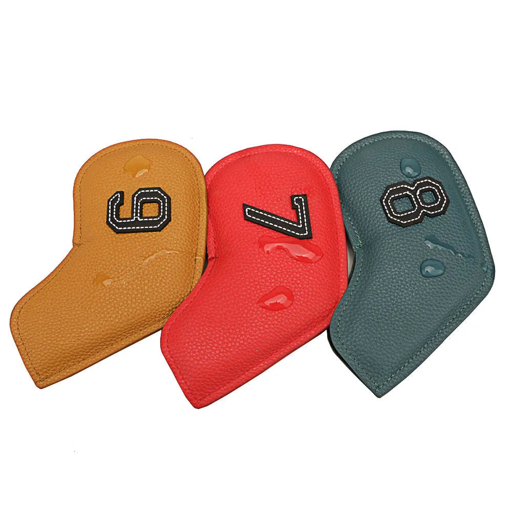 Set of 10 golf club headcovers with different colour designs and minimal digital printing
