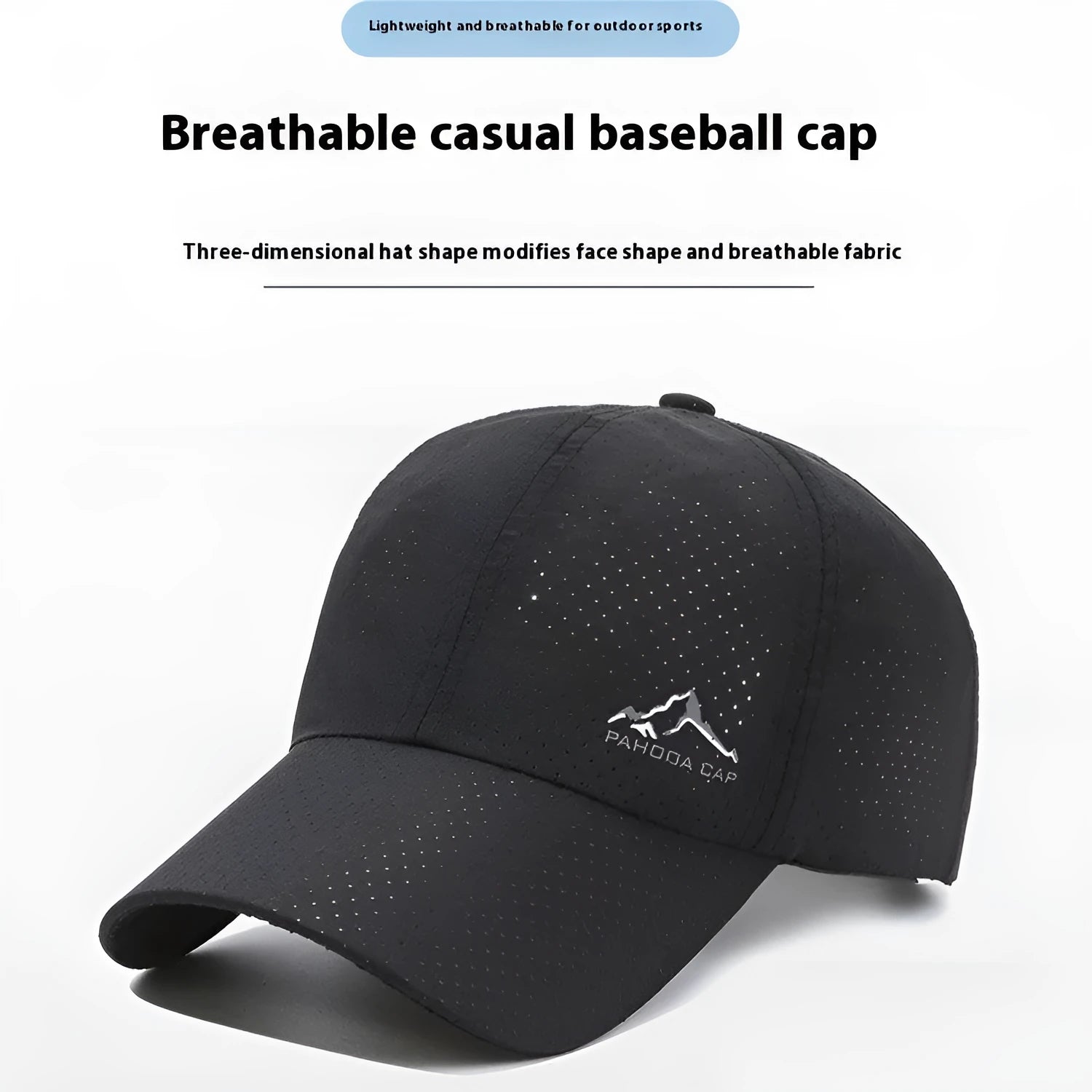 Light grey adjustable polyester baseball cap with a dome crown on a solid background.
