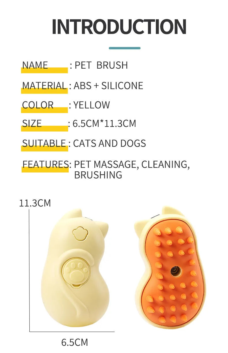 Yellow electric spray pet grooming brush for cats and dogs with massage bristles