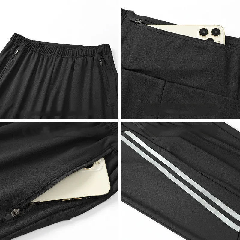 Men's black running trousers with mid-waist design and polyester construction for breathable sports performance