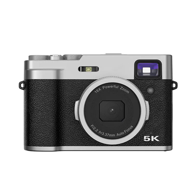 Black 5K HD digital camera with dual lenses, 2.88-inch screen, and optical viewfinder on a table