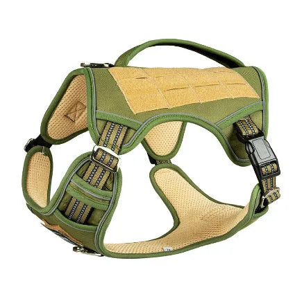Tactical dog chest strap made from Oxford cloth, shown in olive green colour.