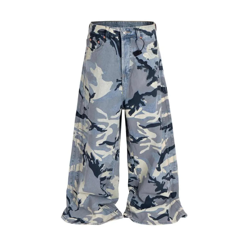 Snow camouflage blue jeans with loose fit and mid-waist design on a hanger
