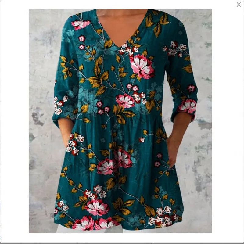 Printed women's wave loose dress with 3/4 sleeves and wide waist design in polyester fabric