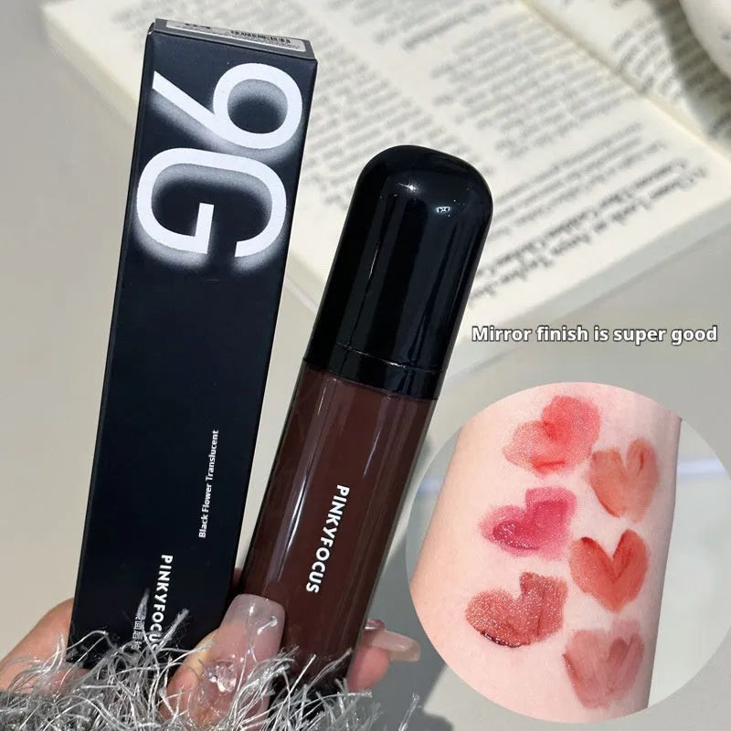 Black Shiny Makeup Mirror Lip Lacquer in six shades like Black Citrus tomato and orange brown with glossy finish