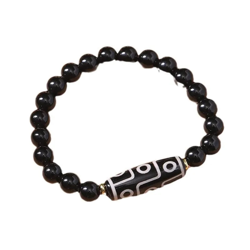 Obsidian agate Dzi bead bracelet with Tibetan ethnic patterns, unisex couple-style design