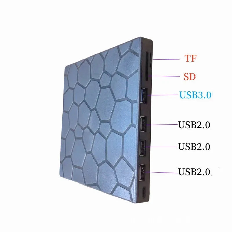 Black USB external CD drive with CD burner measuring 15.5cm by 14.5cm