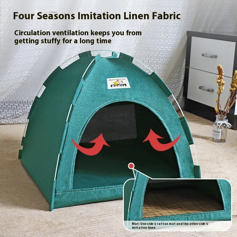 Grey linen-like fabric pet tent bed with removable washable cover for cats and small dogs.