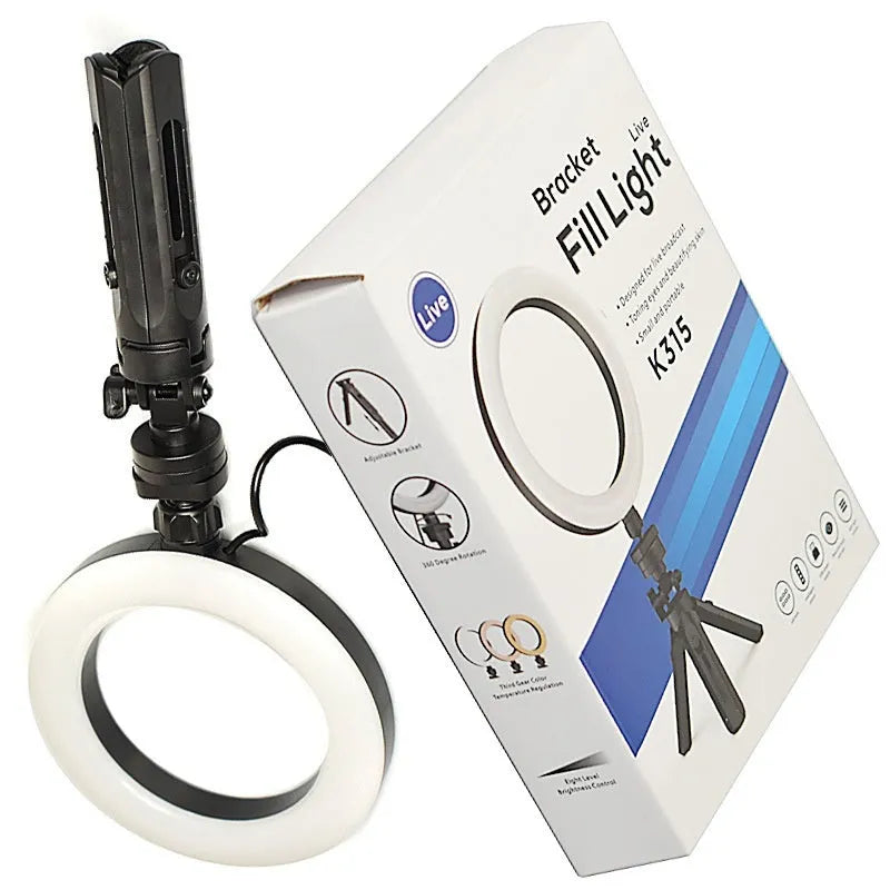Black universal desktop tripod and bracket kit with adjustable fill light for mobile phones.