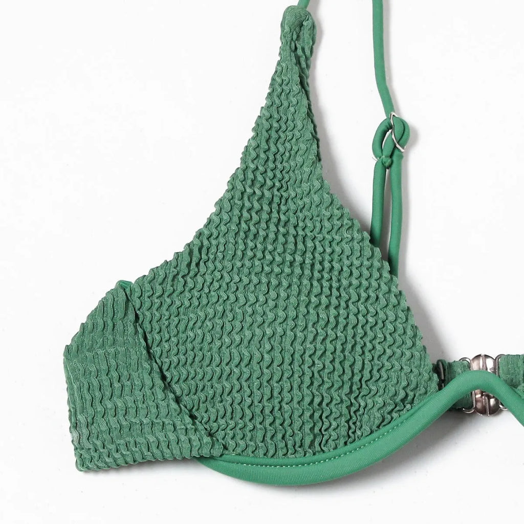 Green solid colour women's bikini with ruffle detail on top and briefs bottoms
