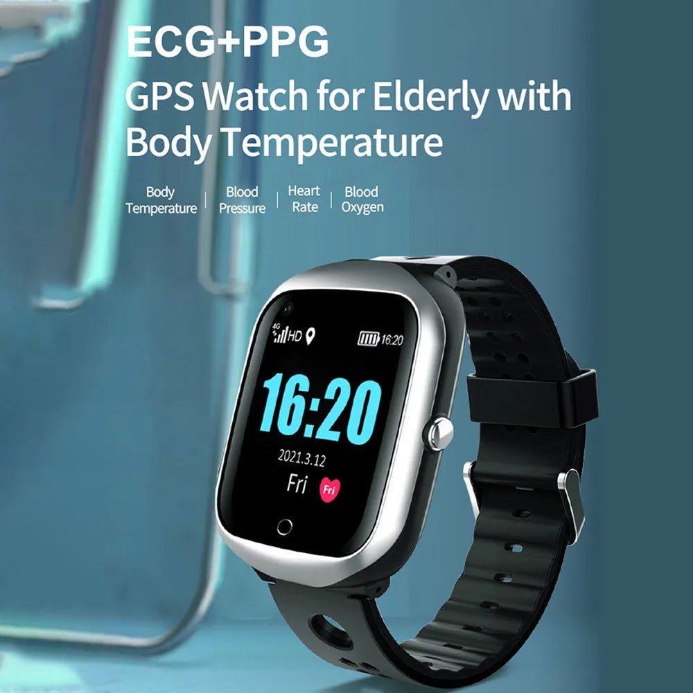 Black elderly safety watch with square 1.3-inch screen showing GPS tracking interface