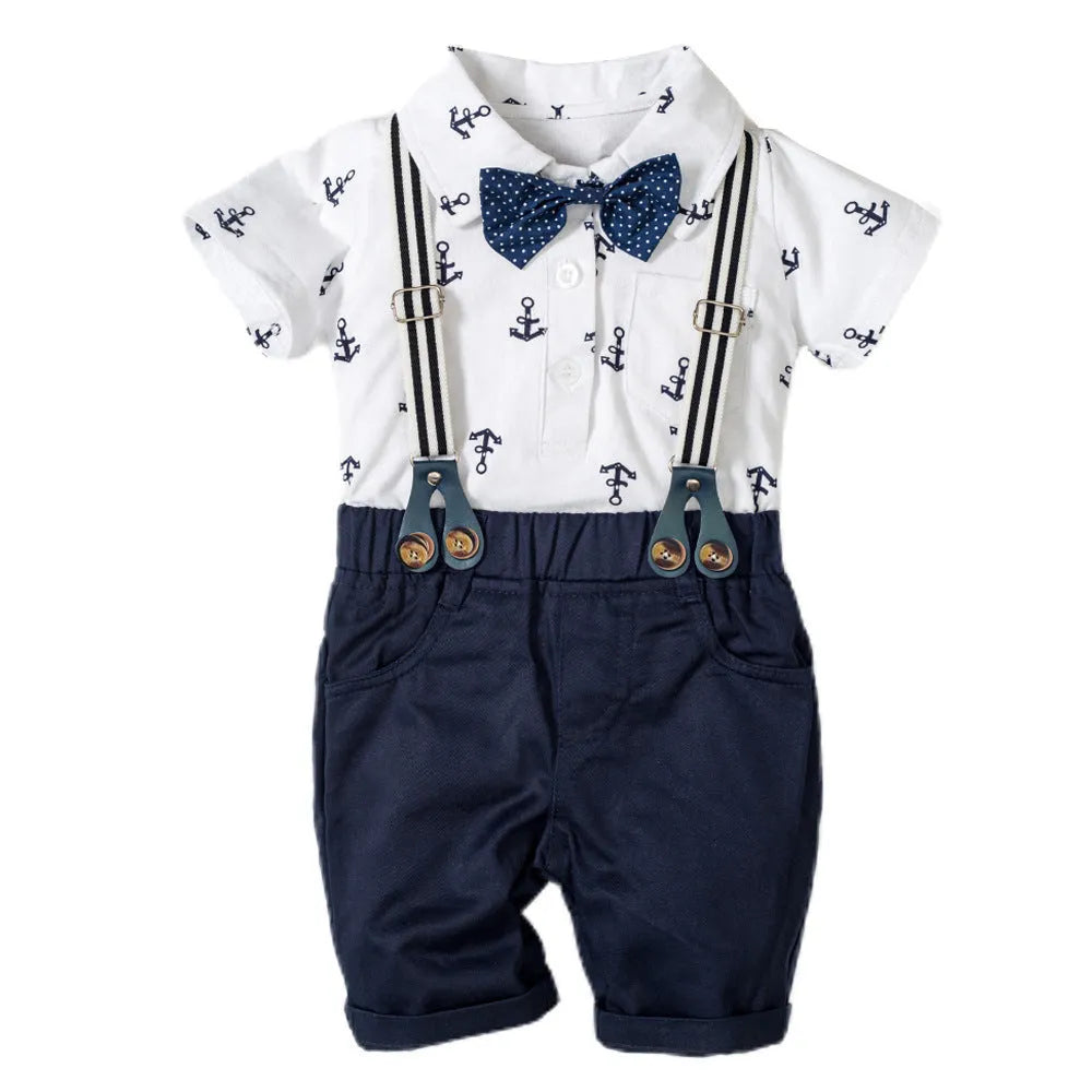 Blue and white cotton triangle print romper for a baby boy, showing short sleeves and European American gentleman style.
