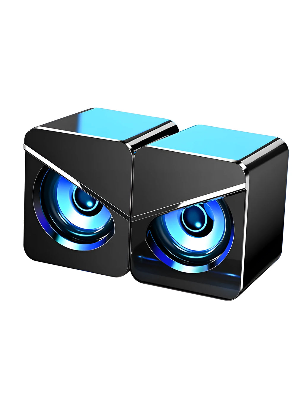 Black and white USB desktop mini speaker with cable next to a laptop computer.