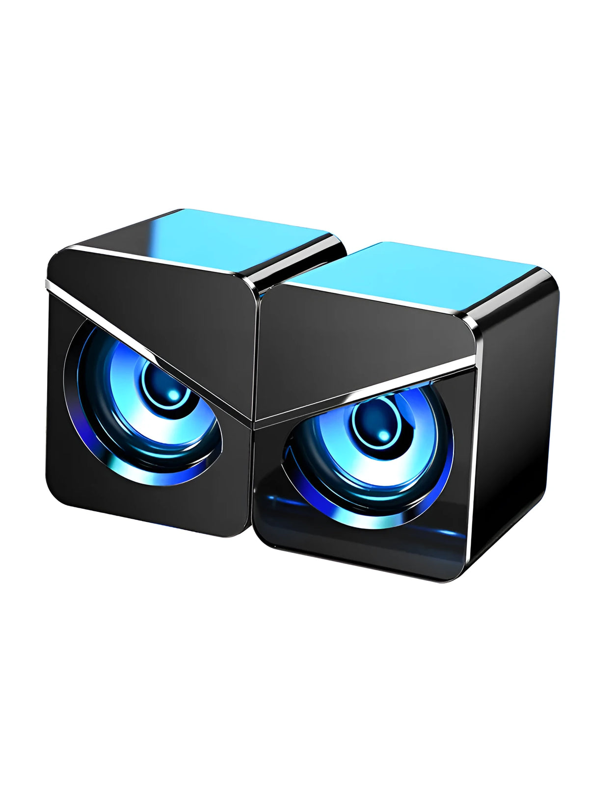 Black and white USB desktop mini speaker with cable next to a laptop computer.