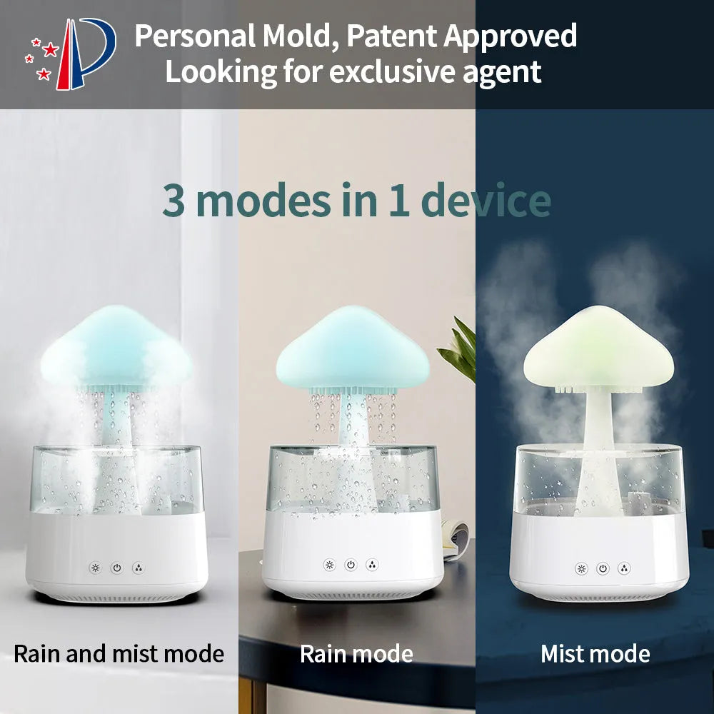 Raining cloud design desk humidifier and mushroom night light with aromatherapy diffuser