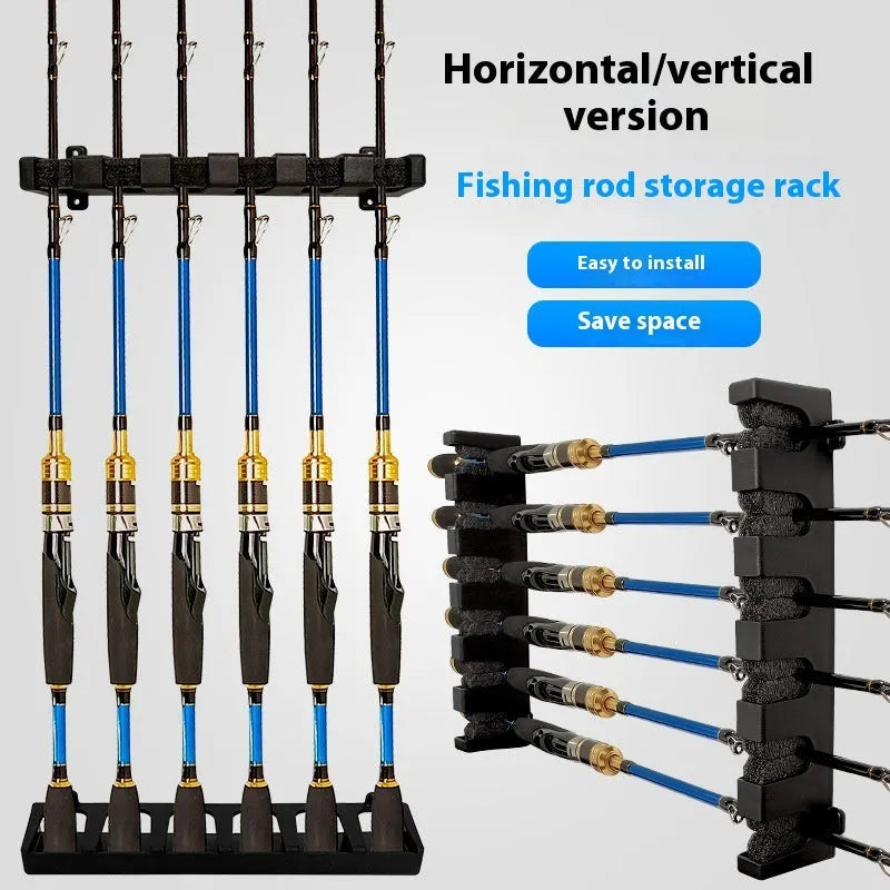 Black ABS plastic wall-mounted fishing rod storage rack showing horizontal and upright mounting options