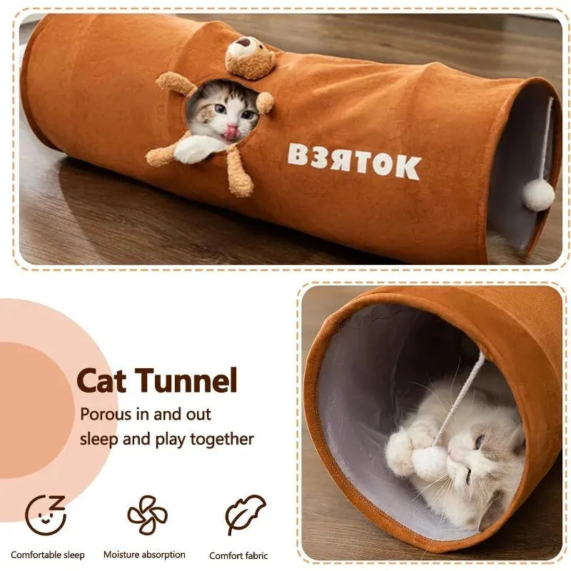Collapsible brown cat tunnel with plush ball attached on top for indoor play