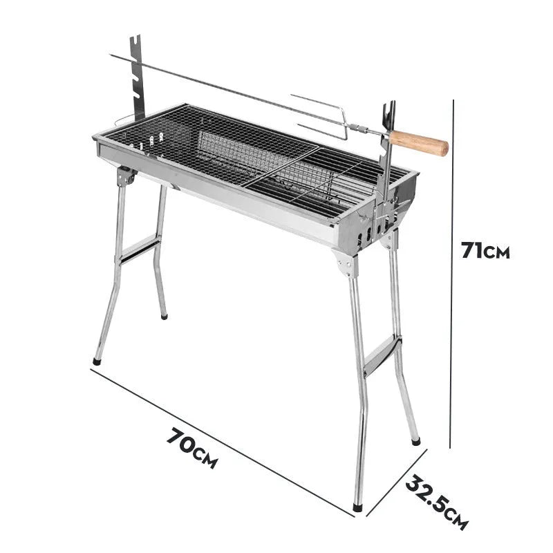 Stainless steel portable barbecue oven with flip design, showing 72cm width and integrated charcoal stove structure