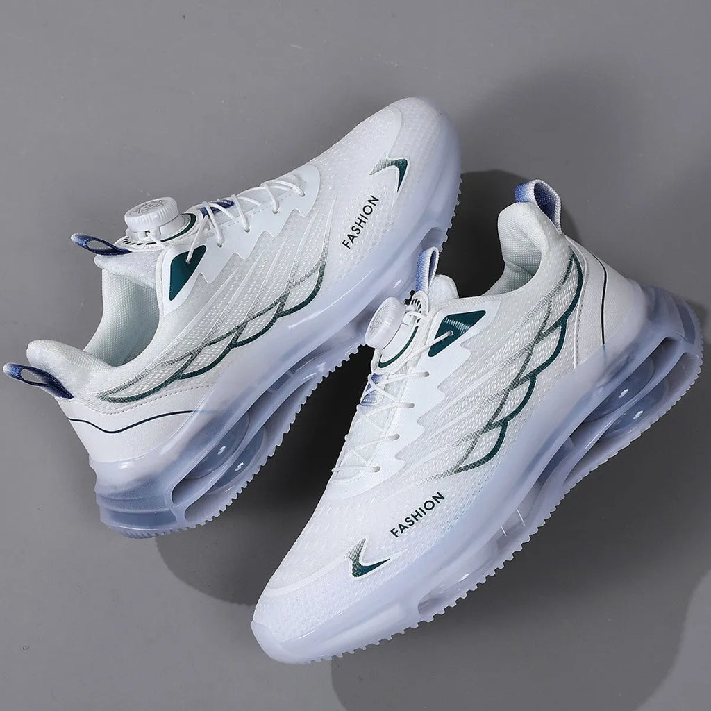 White low-top mesh trainers with rotating button lace-up and rubber soles for sports and casual use