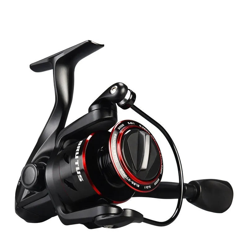 All-metal spinning fishing reel with collapsed telescopic rod showing four series size options