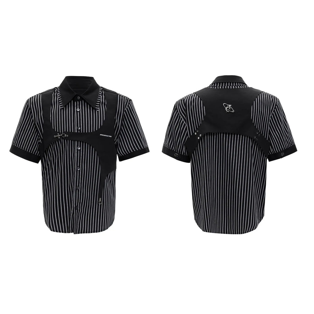 Men's black and white striped cotton shirt with double collar design and short sleeves, shown in loose fit