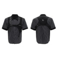 Men's black and white striped cotton shirt with double collar design and short sleeves, shown in loose fit