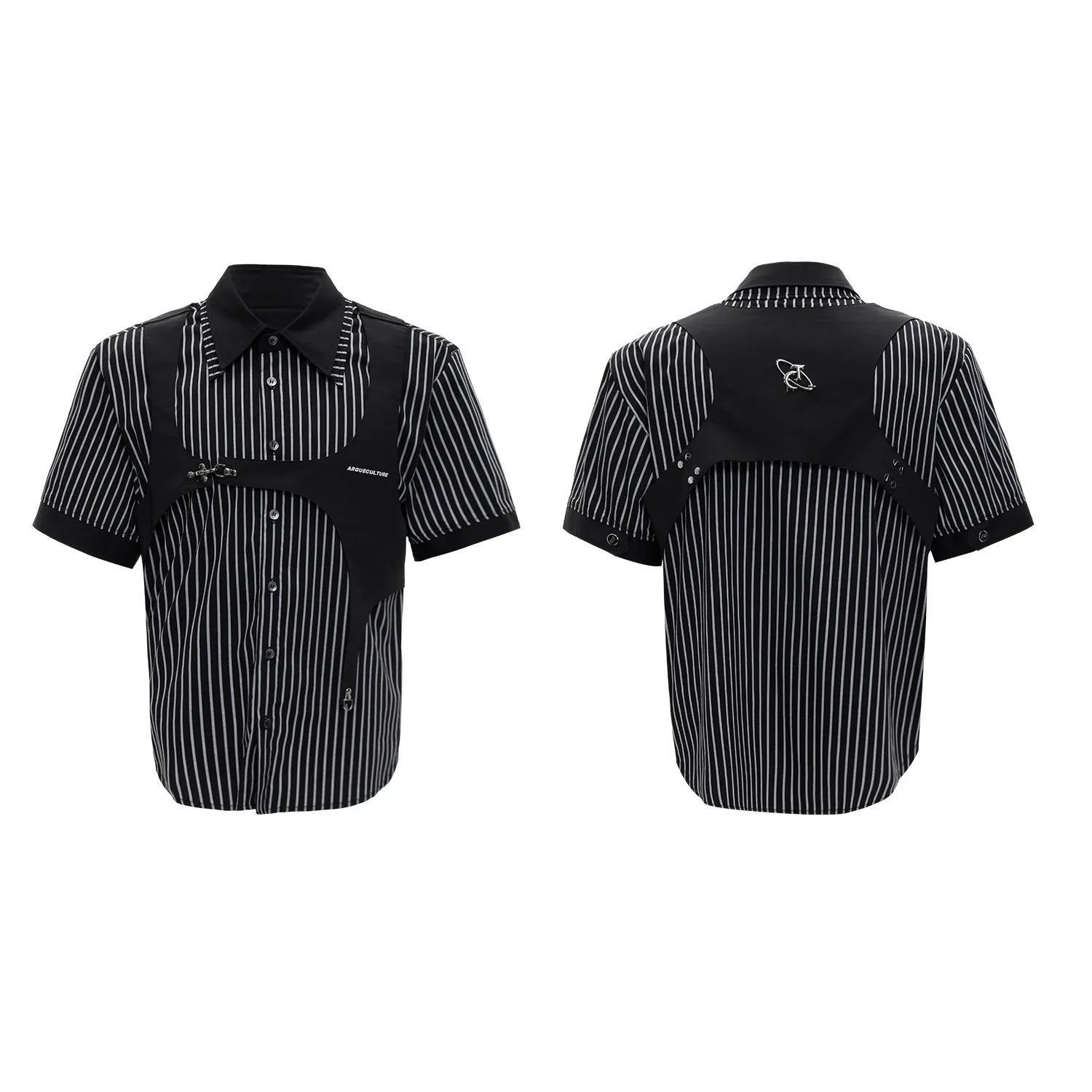 Men's black and white striped cotton shirt with double collar design and short sleeves, shown in loose fit