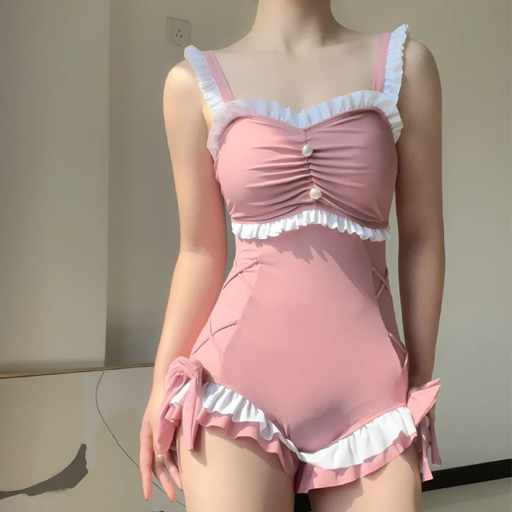 Women's solid pink one-piece sleeveless swimsuit made from milk silk fabric