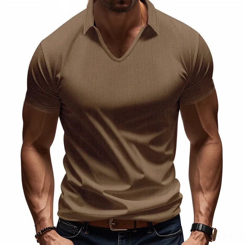 Men's V-neck short sleeve top in loose fit with solid colour options including Army Green and apricot