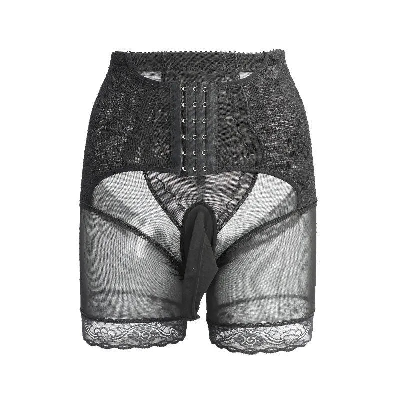 Men's personalised nylon mesh shorts in black, showing breasted design and available crotch style options.