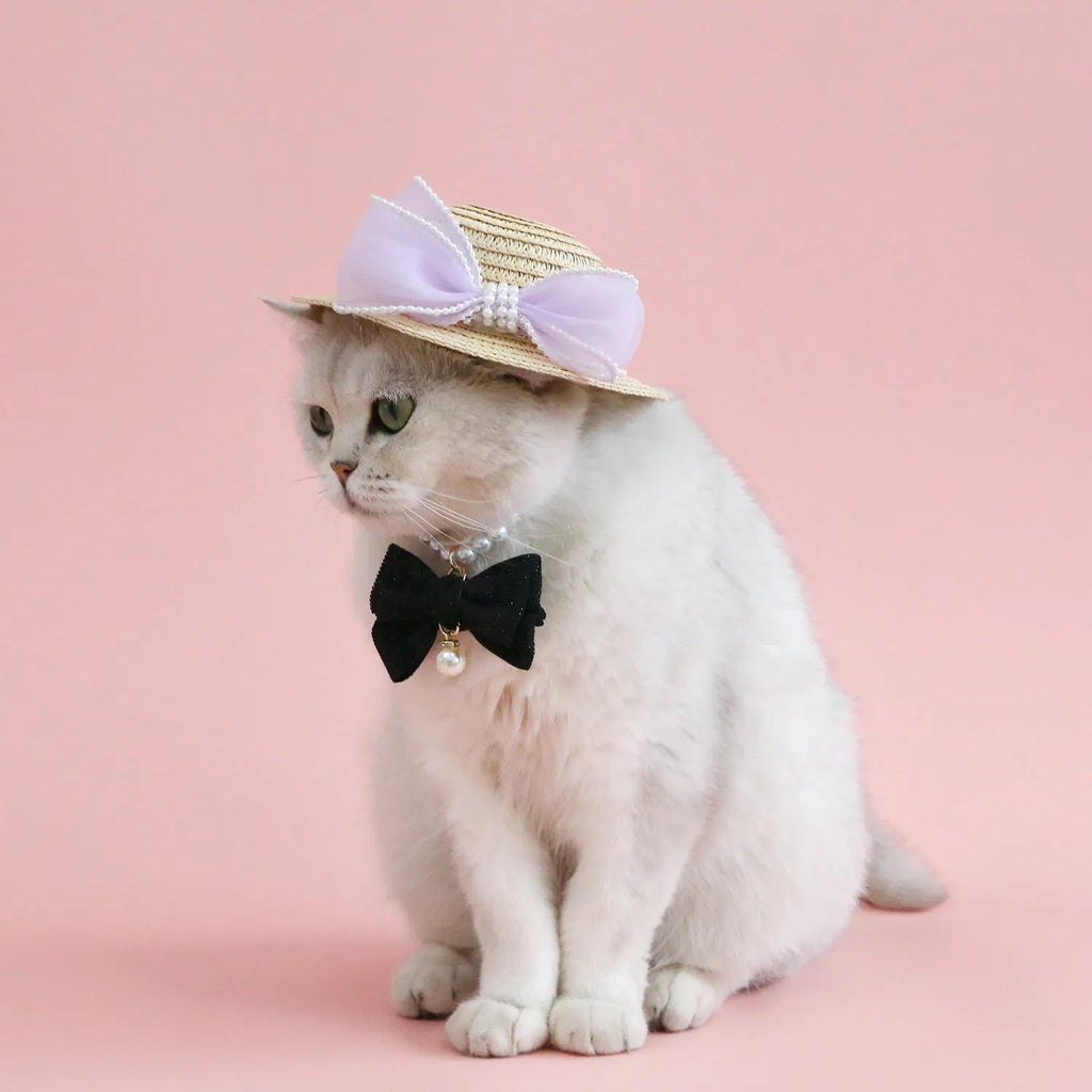 Pet cat wearing a straw hat with pearl bow in blue, sizes 13cm and 15cm, made from Lafite leaves.