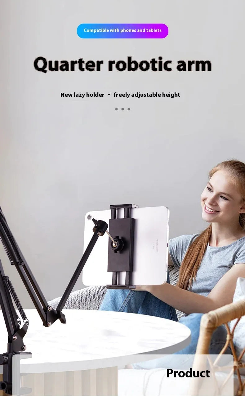Black foldable metal desktop lazy bracket with tablet clip, showing 360-degree rotation and adjustable cantilever arm