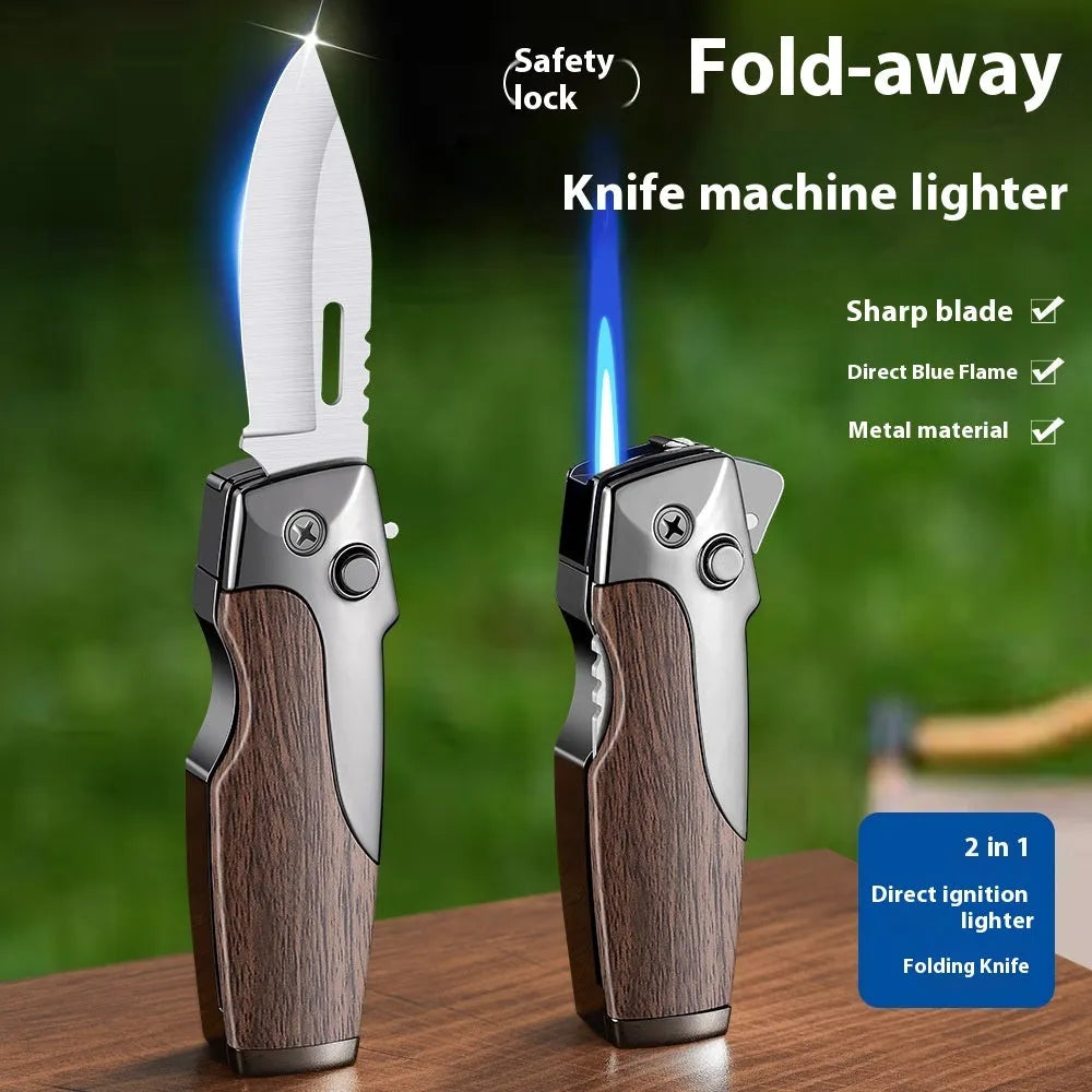 Zinc alloy metal folding lighter with integrated knife in black-brown wood grain finish, showing closed and open positions